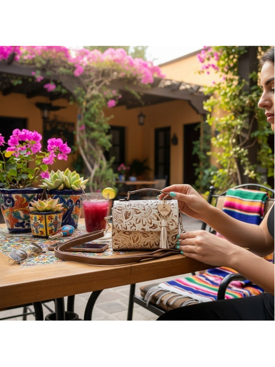 Unbranded Handbags - White Bronze Brown Sunflower Embossed Tooled Artisan Leather Crossbody Purse